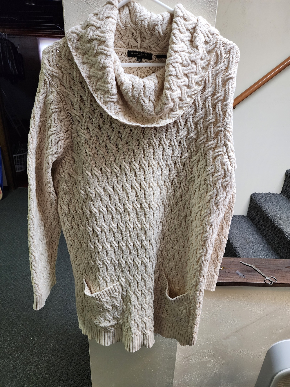 JEANNE PIERRE 2x Cream Cable-Knit Heavy Cotton Cowl Neck Sweater